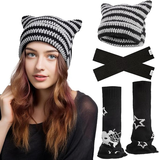 Y2k Leg Warmers for Women, Star Skull Leg Cover Kawaii Arm Warmers Beanie Cat Crochet Knitted Hats, Y2K Striped Alt Emo Dance Accessories