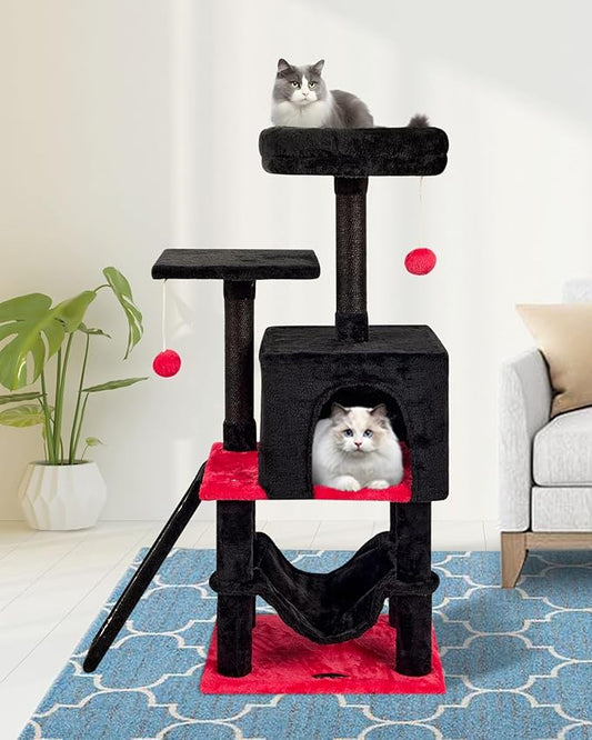 Gothic Cut Cat Tree with Coffin Bed for Indoor Cats Cat Tower with Scratching Post Modern Activity House for Large Cats Condo with Board Kittens Cave Hammock Hanging Ball RED Black
