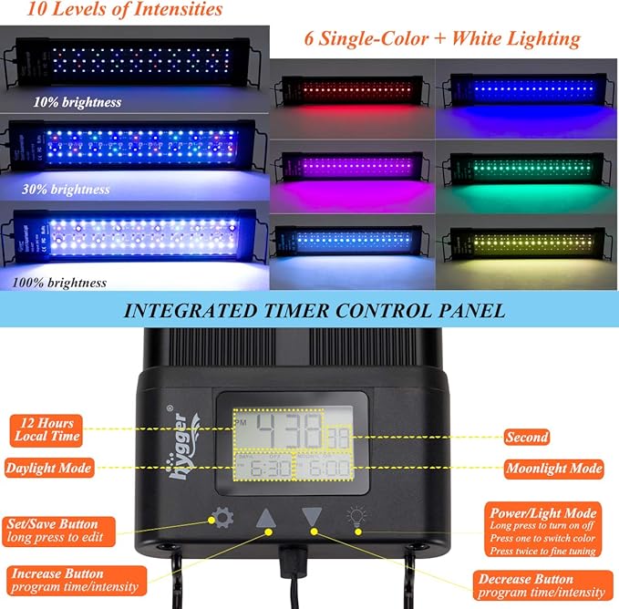 hygger Auto On Off LED Aquarium Light 18-24 Inches Dimmable 7 Colors Full Spectrum Fish Tank Light Fixture for Freshwater Planted Tank Build in Timer Daylight Moonlight & DIY Modes
