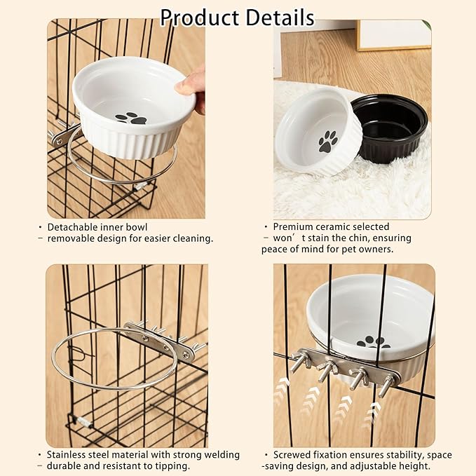 Rabbit Hanging Ceramic Bowl, Removable Cage Feeder Thick Ceramic Bowl with Stainless Steel Support Pet Water Food Bowl for Small Animal Chinchilla Ferret Guinea Pig Cat (4.92 * 1.97”) (Black-2 Pack)