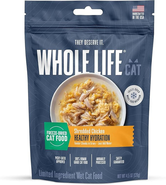 Whole Life Cat Freeze Dried Cat Food - Human-Grade Wet Food Toppers, Snacks & Lickable Treats, Instantly Hydrating Natural Broth Just Add Water - Shredded Chicken, 4.5 Oz