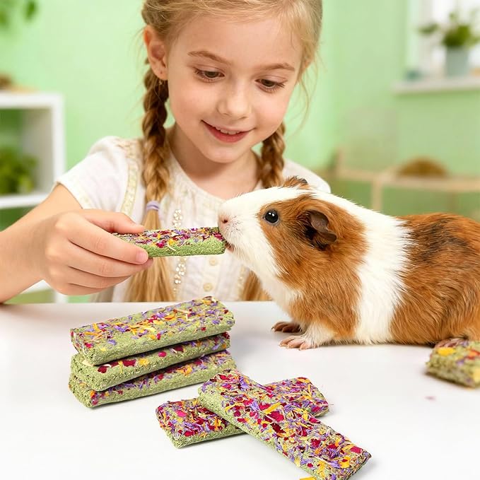Abizoo 10pcs Timothy Hay & Alfalfa Chew Toys - Natural Crunchy Treats with Wheat Calendula Rose High Fiber for Teeth Care & Digestive Health for Bunnies, Guinea Pigs, Hamsters, Chinchillas, Gerbils