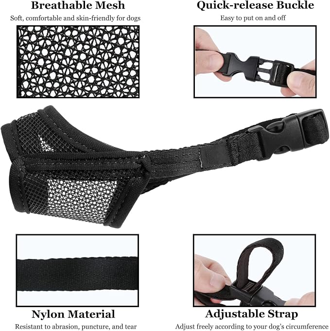 LUCKYPAW Dog Muzzle, Mesh Muzzle for Small Medium Dogs, Soft Mouth Cover to Prevent Biting Chewing, Drinkable Breathable Adjustable Puppy Poodle Dachshund (S, Black)