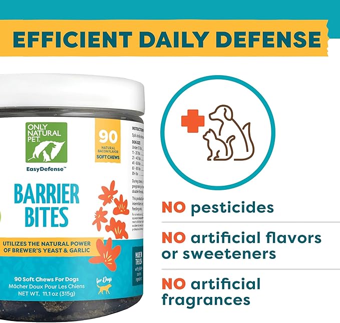 Only Natural Pet EasyDefense Barrier Bites Soft Flea Chews for Dogs - First Line of Defense Againts Fleas & Ticks, Boosts Immune System and Healthy Skin & Coat - (90 Bacon Flavored Soft Chews) 1 Pack