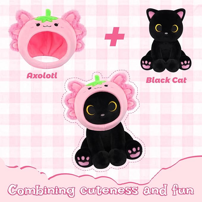 Axolotl Plush Toy, 8inch Kawaii Black Cat Wear Strawberry Plush Removable Hood, Cute Plushies Soft Stuffed Animal Doll, Valentine's Day Birthday Gift for Kids Boys Girls Adults