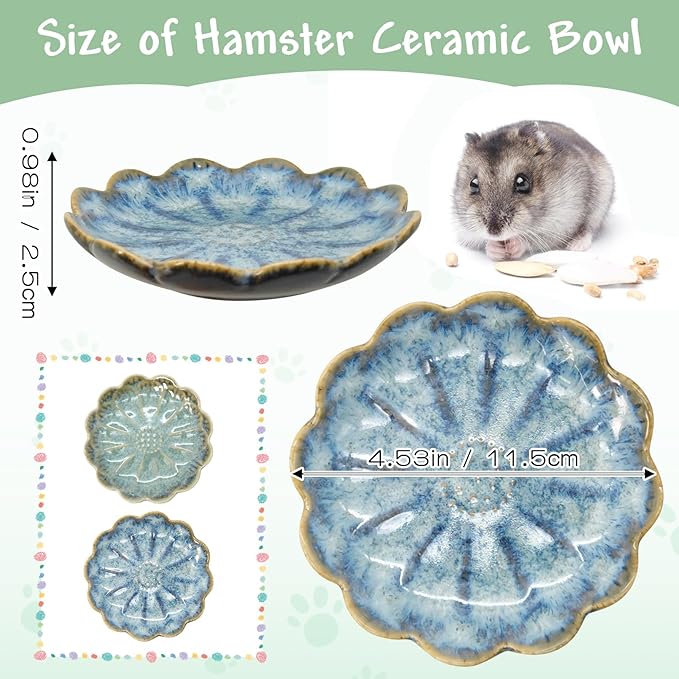 BNOSDM Shallow Ceramic Hamster Food Dish 2 Pcs Small Animals Food Bowl Sunflower Feeding Dishes for Gerbils Mice Rats 4.5in (Dark Blue)