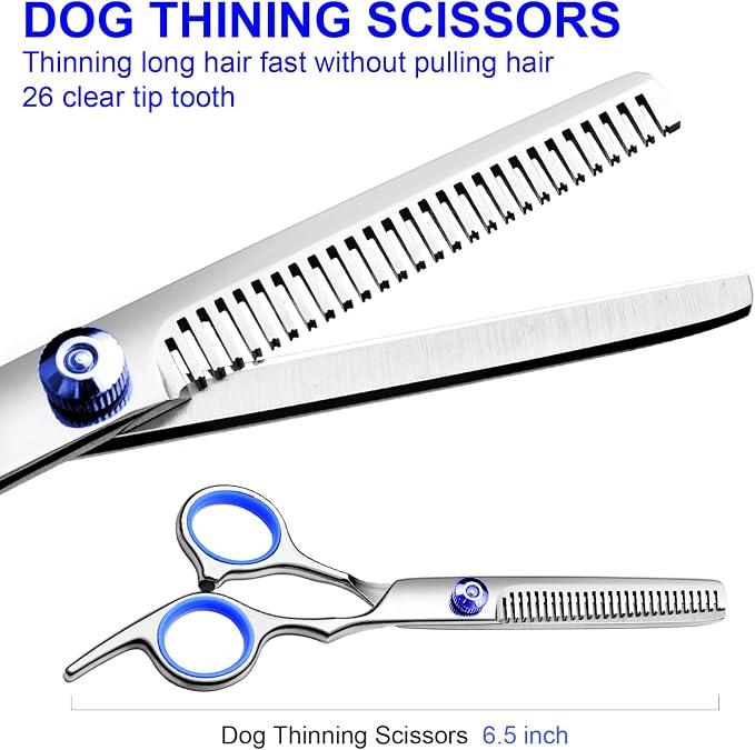 Dog Grooming Scissors Kit, Premium Stainless Steel Dog Shears with Curved Shears, Sharp Durable for Dogs Cats+Blue 4 Piece