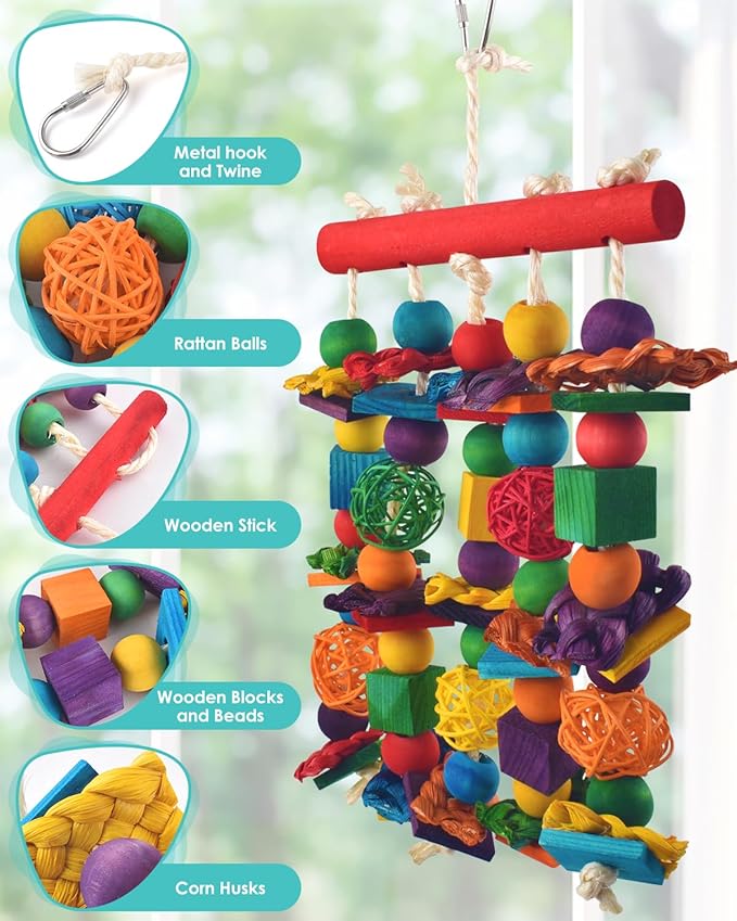 DBNESS Bird Toys, 3PCS Parrot Foraging Hanging Toy, Multicolored Natural Wooden Blocks Parakeet Chewing Toys mit Rattan Wicker Balls, for Medium Small Cockatoos Budgie Lovebird Cockatiel Conure