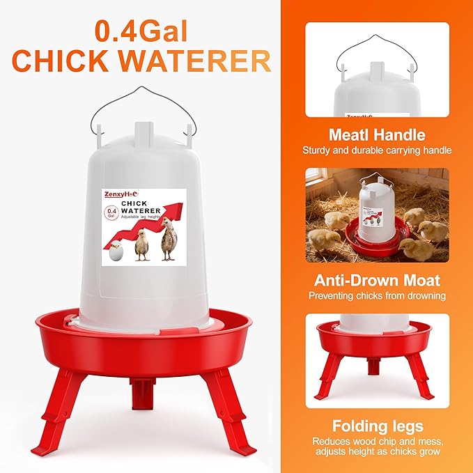 2-in-1 Chick Starter Set: 0.8 Gal Top Filling Feeder and 0.4 Gal Waterer with Adjustable Legs for Baby Chicks, Includes Scoop, Hanging Hooks, Anti-Drown Design (Red)