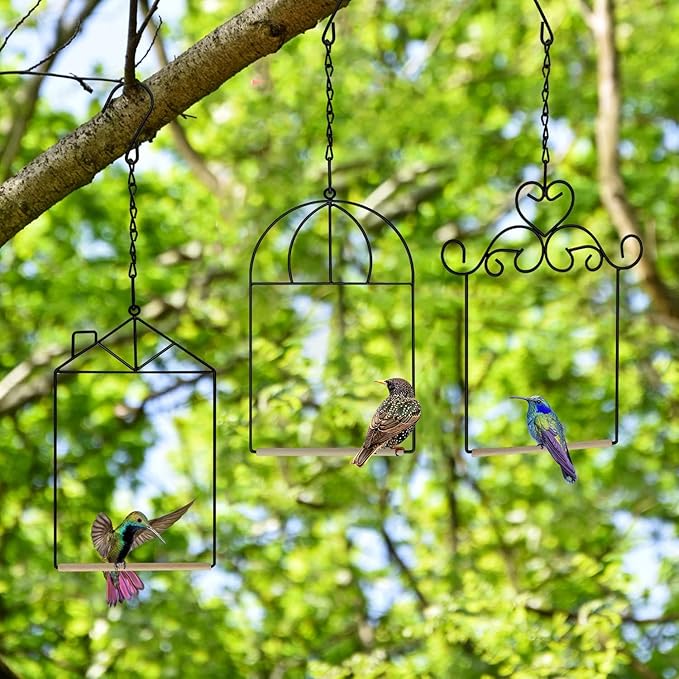 Metal Frame Hummingbird Swings and Perches with Wooden Dowel Black Bird Swing Outdoor Bird Perch Humming Bird Swing (3PK Different)