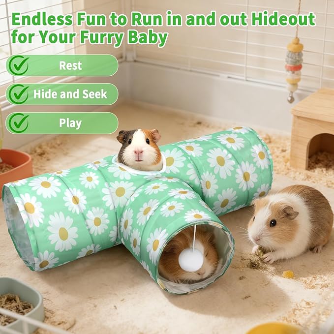 Rypet 3-Way Guinea Pig Tunnel, Collapsible Small Animal Enrichment Toy with Ball, Foldable Rabbit & Hamster Tunnel for Boredom Relief, Washable, Indoor/Outdoor Play