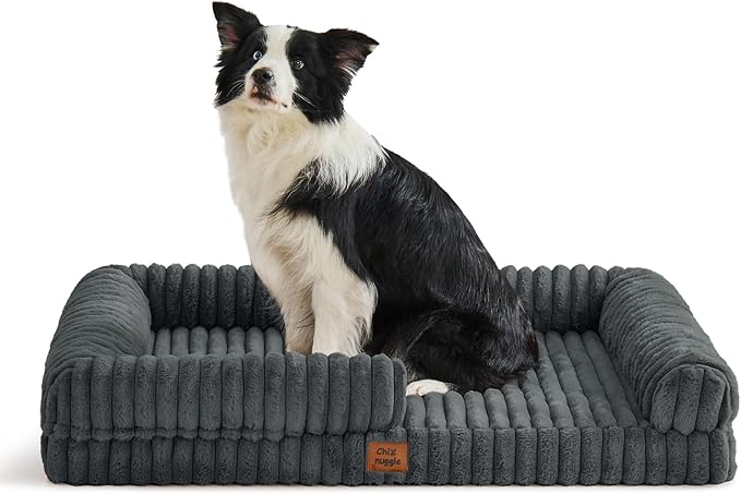 ChiXnuggle Orthopedic Dog Bed with Bolster Sides for Sleeping, Fluffy Plush Rectangular XL Dog Bed, Luxury Striped Faux Fur Waterproof Dog Couch with Removable Washable Cover, Dark Grey