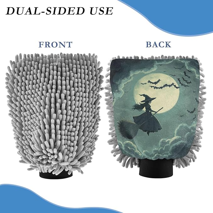Car Wash Mitt Microfiber Wash Mitts for Car Washing Scratch-Free Cleaning Gloves Soft Non Absorbent Chenille Auto Hand Mitt Medium 2Pack Halloween Witch Bats and Moonlight
