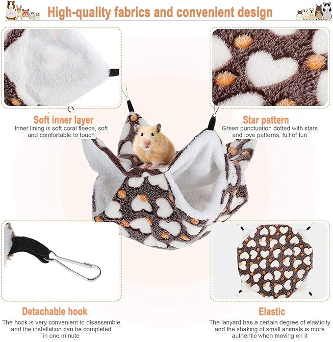 Double Hammock Hanging Tunnel for Ferret Bed and Cage Accessories, Rat Cage Hammock, Sugar Glider Toys(Purple,Heart)