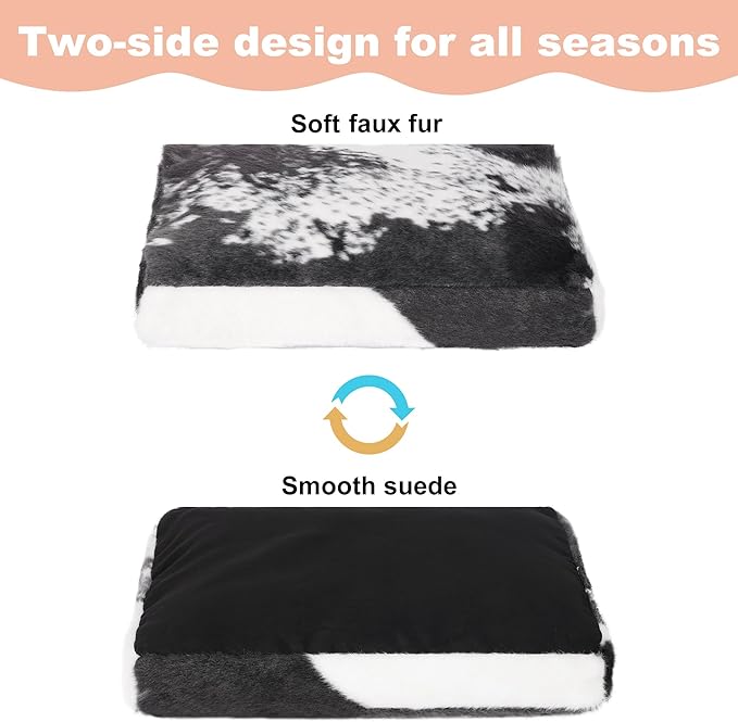 Bedfolks Waterproof Crate Bed, Plush Dog Kennel Pad with Removable Washable Cover, Faux Fur, Fluffy 47"x29", Black-White Cowhide