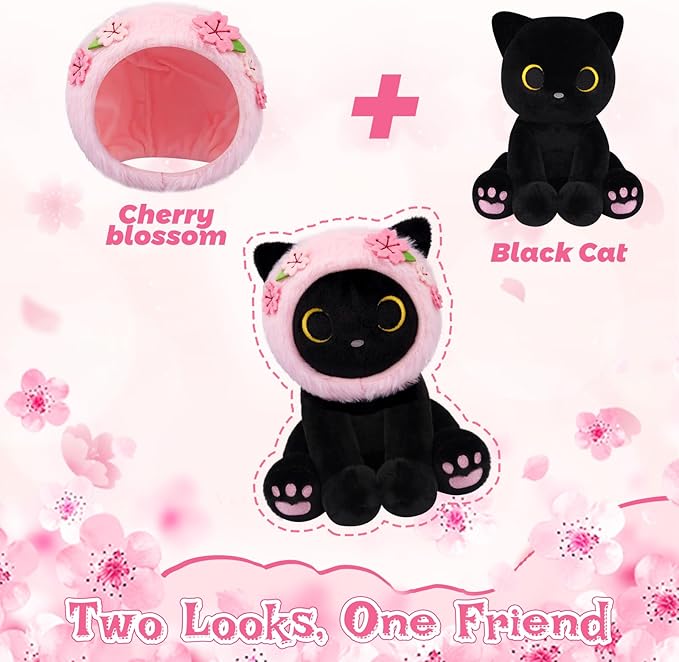 Black Cat Plush with Removable Sakura Flower Hood - 8" Cute Stuffed Animal for Spring, Soft Kawaii Cat Plushie, Flower & Cherry Blossom Gift for Girls & Moms