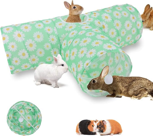 BWOGUE Bunny Tunnels & Tubes Collapsible 3 Way Bunny Hideout Small Animal Activity Tunnel Toys for Dwarf Rabbits Guinea Pigs Kitty
