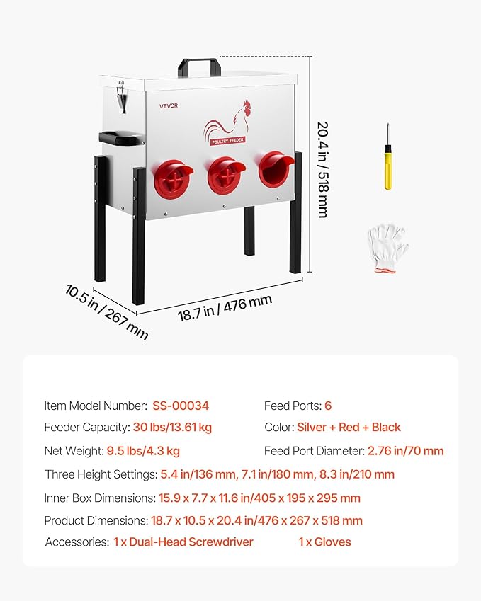 VEVOR Automatic Chicken Feeder, 30 lbs Capacity, 6 Feeding Ports No-Waste Poultry Feeder, Automatic Gravity, with Adjustable Height & Locking Lid, Metal Construction, for Chickens Bantams Pheasants