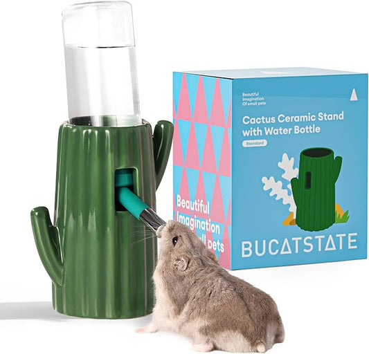 BUCATSTATE Cactus Ceramic Leakproof Hamster Water Bottle Gerbils Water Bottles with Holder Water Feeder for Small Animals (Green)