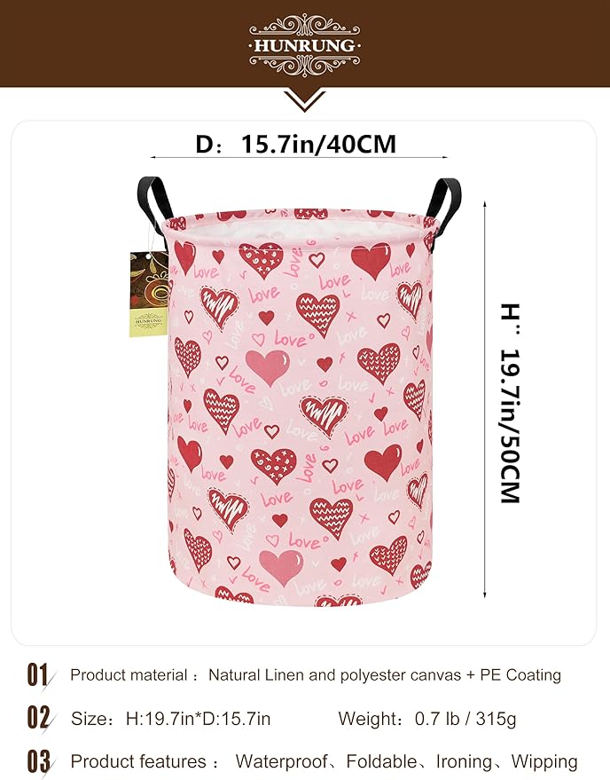 Collapsible Fabric Storage Basket, Waterproof Laundry Hamper with Handles, Round Storage Bin for Clothes Toys, Foldable Organizer for Bedroom Nursery Bathroom(Round-Pink Love Heart)