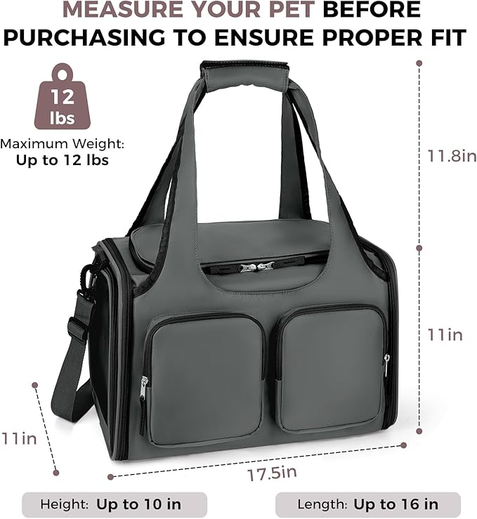 Dog, Cat Carrier for Pets Up to 12 Lbs, Airline Approved Collapsible Soft-Sided Pet Travel Bag with Locking Zippers, Breathable Mesh and 4 Large Pockets, Removable Fleece Pad (Dark Grey)