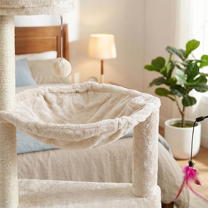 YUNIQUE Multi-Functional Cat Tree Tower, Big Cat Condo with Scratching Board, Rotating Toy & Deep Hammock, Luxury Perch Kitty Furniture for Indoor Cats (Beige)