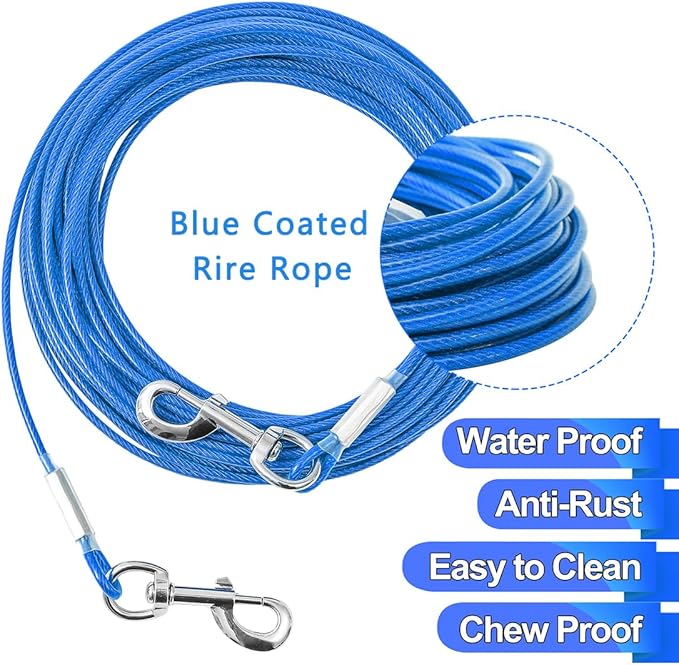 Tie Out Cable for Dogs,10/20/30/50/100FT Dog Leads for Yard Chew Proof,Heavy Duty Tie Out Cable for Large Dogs Up to 125lbs,Dog Runner Tether (Blue, 125Ibs 50ft)