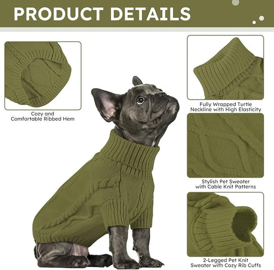 Queenmore Small Dog Pullover Sweater, Cold Weather Cable Knitwear, Classic Turtleneck Thick Warm Clothes for Chihuahua, Bulldog, Dachshund, Pugl,OliveGreen,S
