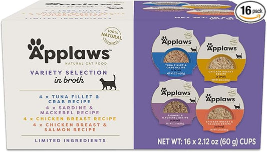 Applaws Natural Wet Cat Food in Broth, Limited and Natural Ingredients, High Protein with No Artificial Additives, Variety Selection Broth (16 x 2.12 oz Easy-Open Cups)