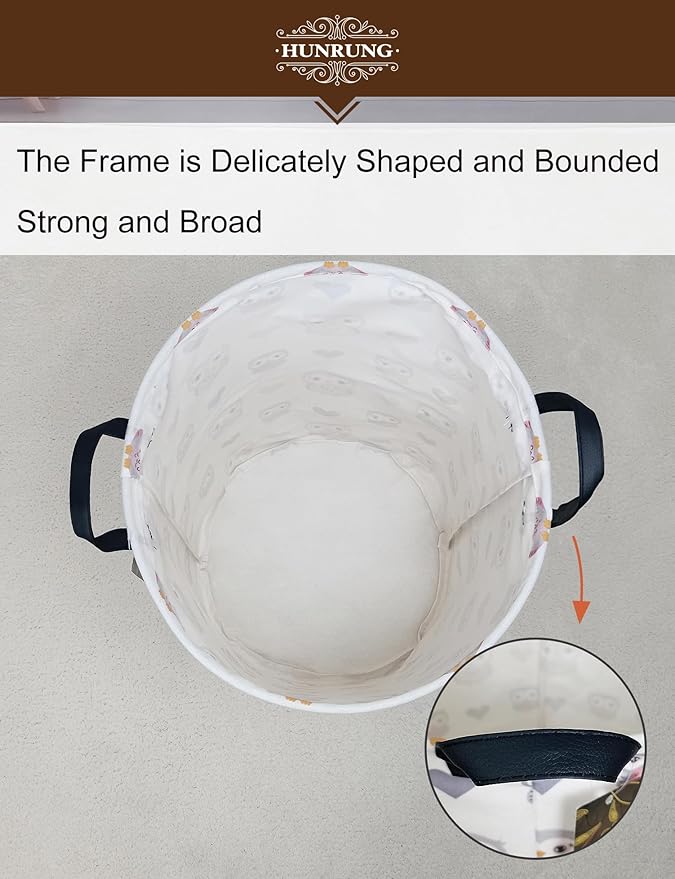 Collapsible Fabric Storage Basket, Waterproof Laundry Hamper with Handles, Round Storage Bin for Clothes Toys, Foldable Organizer for Bedroom Nursery Bathroom(Round-Love Owl)