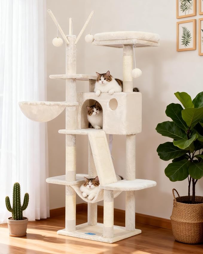 Hey-brother Cat Tree, 53 inch Cat Tower for Indoor Cats, Cat House with Padded Platform Bed, Toy Balls, Large Cozy Condo, Hammocks and Sisal Scratching Posts, Beige MPJ019-SM