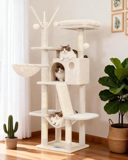 Hey-brother Cat Tree, 53 inch Cat Tower for Indoor Cats, Cat House with Padded Platform Bed, Toy Balls, Large Cozy Condo, Hammocks and Sisal Scratching Posts, Beige MPJ019-SM