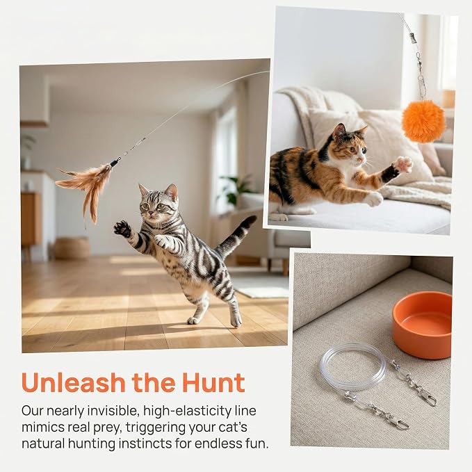 2pcs Replacement Strings for Cat Wand, Plastic Paracord Strings Replacement with Lobster Clasps, Interactive Kitten Wand Stick Wire for Cat Teaser Wand- Clear