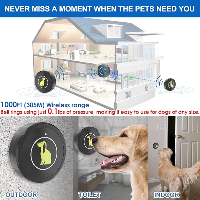 Dog Door Bell, Dog Bell for Training Doggie Door Bell for Dog Puppy Training Sliding Door/Go Outside Doorbell and Waterproof Touch Button