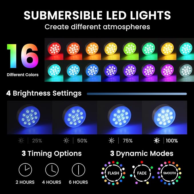 LOFTEK Pool Lights, Rechargeable Submersible LED Lights with Remote, IP68 Waterproof, 16 Colors Underwater Pool Light for Above Ground Inground Pool, Hot Tub, Shower, Bathub, Party, Vase, 4 Packs