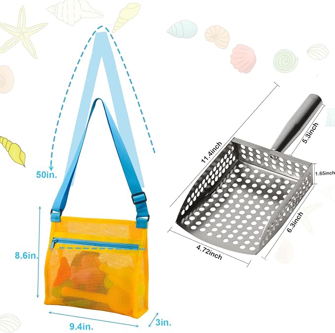 MUYIZI Sand Sifter Shovel with Mesh Beach Bag, Detachable Shell Scooper for Beach,Sand Scoop for Shell Collecting, Shark Teeth Sifter Dipper, Multi-Use Sifting Tool,Beach Toys for Kids (Blue+Yellow)