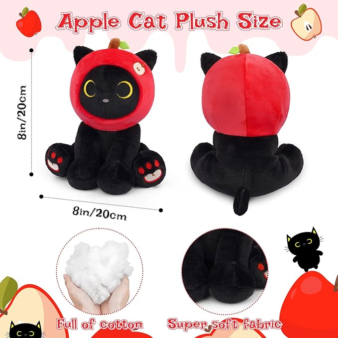 Black Cat Plush - 8inch Cute Stuffed Cat with Red Apple Hood, Teacher Gift Soft Kitten Plushie Toy for Kids Boys Girls, Creative Fruit Plush,