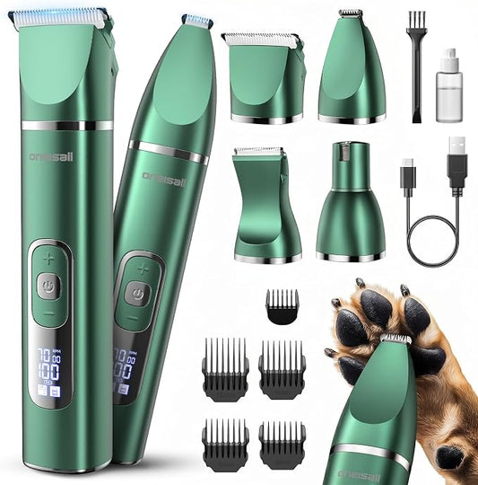 oneisall 4 in 1 Dog Grooming Kit with LCD Display, Dog Hair Trimmer for Paw Nail Grinder, Rechargeable Cordless Low Noise IPX7 Waterproof Pet Clippers Green