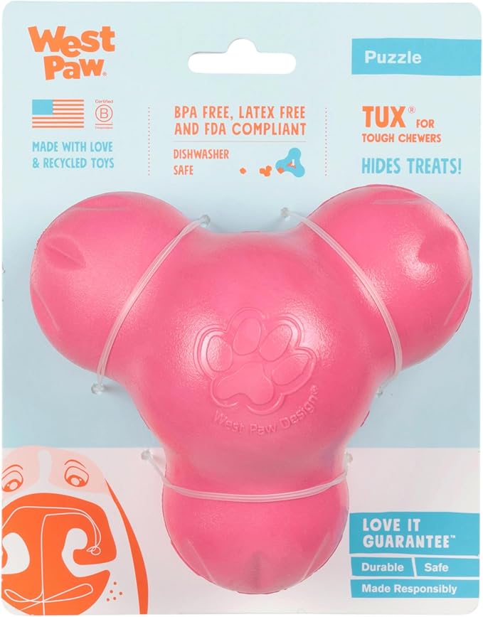 WEST PAW Zogoflex Tux Treat Dispensing Dog Chew Toy – Interactive Chewing Toy for Dogs – Dog Games for Aggressive Chewers, Fetch, Catch – Holds Kibble, Treats, Large 5", Geranium