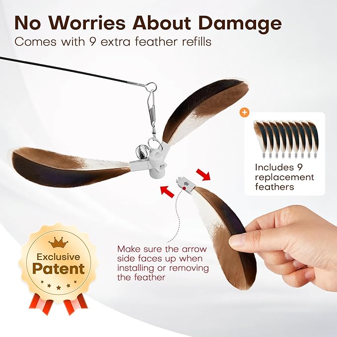 Potaroma Carbon Fiber Cat Wand Toy – Lightweight, Retractable Feather Teaser Stick with 9 Detachable Feathers, Bells & Multi-Attachment Kit for Indoor Kittens – Durable, Interactive Fun