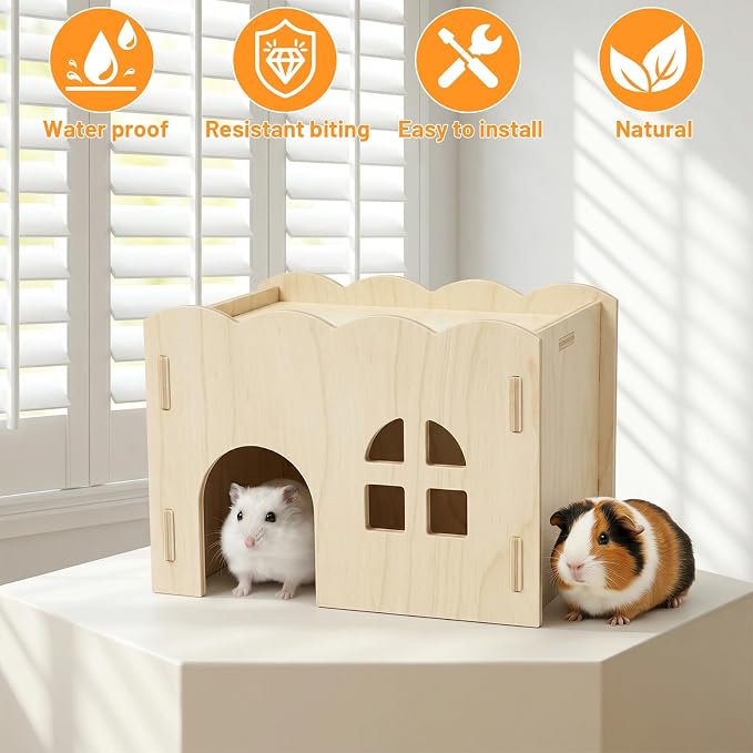 Wood Guinea Pig Hideout, Wooden Guinea Pig House Chew-Safe Hamster Hideout Hamster Explorer for Gerbils Hamsters Small Pets