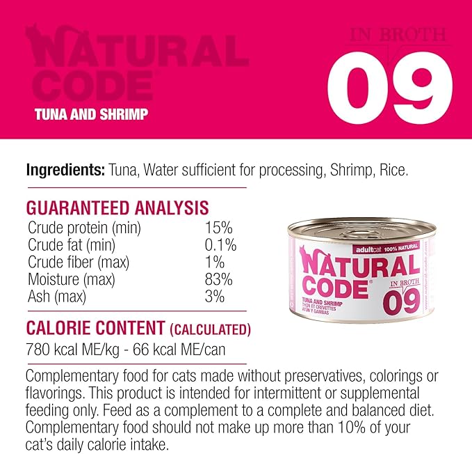 Natural Code - 24 Pack Wet Cat Food, Limited Ingredient Cat Food, High-Protein, Non-GMO, No Artificial Additives, Made in Italy, Tuna and Shrimps in Broth for Adult Cats, 3 oz