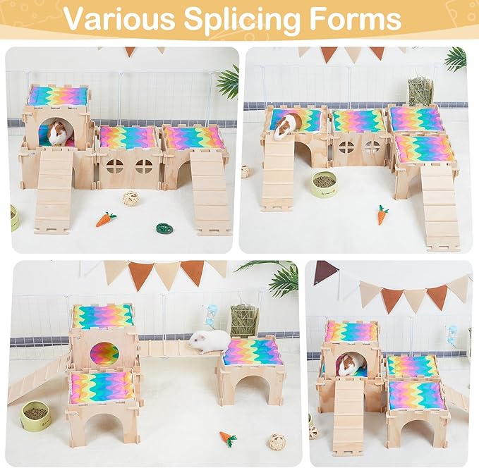 Guinea Pig Hideout, Guinea Pigs House with Stairs and Mats Extra Large Guinea Piggy Castle Detachable Hideouts for Small Animals Wooden Guinea Pig Habitats with Multiple Doors and Windows