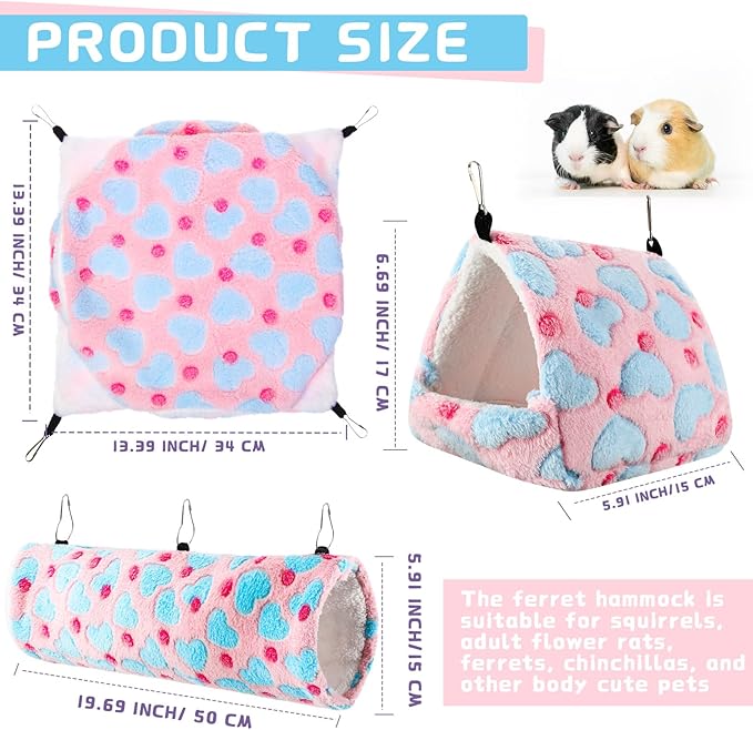 Abbylike 9 Pieces Rat Hammock 3 Tier Guinea Pig Ferret Hammocks Small Pet Hanging Tunnel Glider Toy Guinea Pig Ferret Hideout Bed Cage Accessories for Hamster(Green, Purple, Pink,Heart)