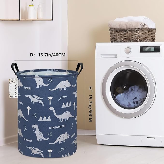 Storage Basket, Nursery Hamper Canvas Laundry Basket Foldable with Waterproof PE Coating Large Storage Baskets for Kids Boys and Girls, Office, Bedroom, Clothes,Toys(Blue dinosaur)