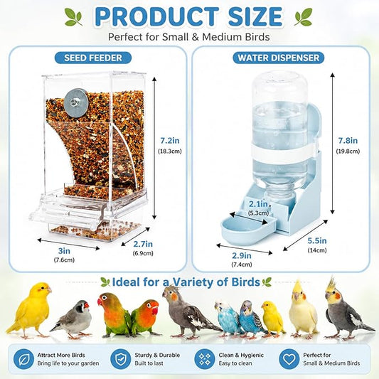 Rypet No Mess Bird Water Feeder Dispenser Set Automatic Bird Feeder Transparent Food Container Cage Acrylic Parrot Feeders Accessories for Small Birds Parrot Cockatoo Canary