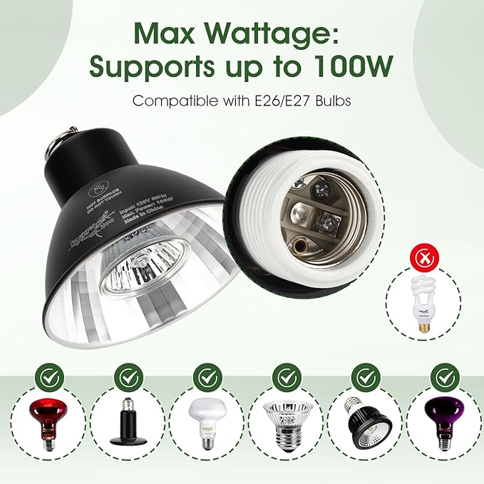 Reptile Heat Lamp Reptile Light Fixture 2Inch Shallow Dome with Dimmer and Cycle Timer, Max 100W, 2 Pack Heat Lamps UVB Bulb UVA Basking Light for Bearded Dragon Turtle Chicken Lizard Snake Gecko Tank