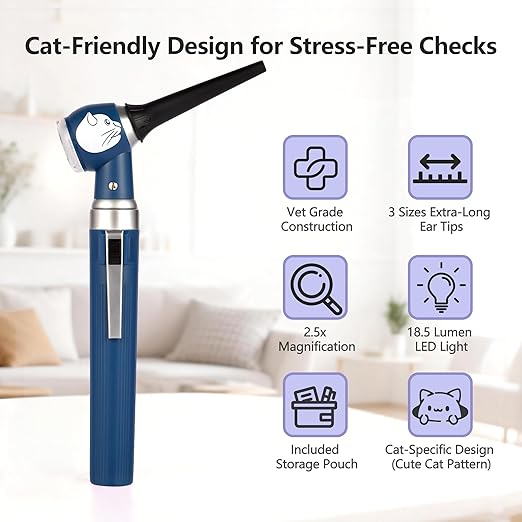 Veterinary LED Otoscope for Pets Cat-Design - Ear Infection Detector with Light, 6 Disposable Tips for Dogs & Cats, Portable Home Ear Checker (Blue)