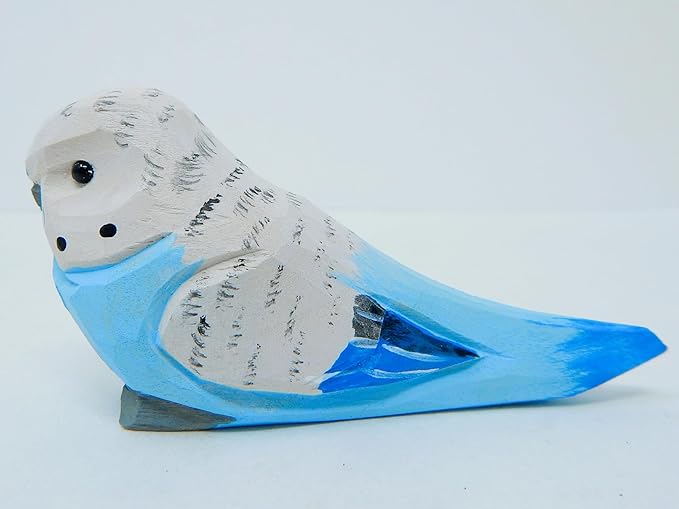 Selsela Hand-Carved Blue Parakeet Figurine - Miniature Wooden Budgie Bird Statue Sculpture, Handmade Animal Sculpture, Vibrant Home Decor & Collectible Gift
