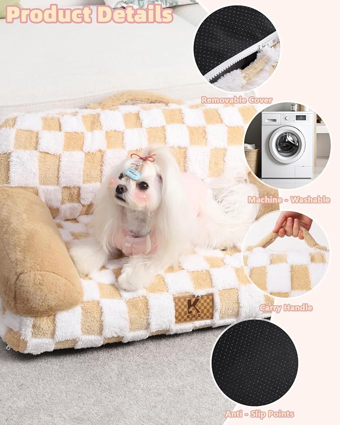 KSIIA Dog Bed Small Dog Beds Waterproof Cat Couch with Supportive Armrests for Puppy and Kitten Pet Couch Machine Washable Pet Sofa with Removable Cover & Anti-Slip Bottom, 26 x 14.5 in, Khaki